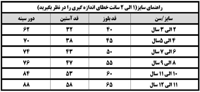 راهنمای سایز بلوز های پسرانه