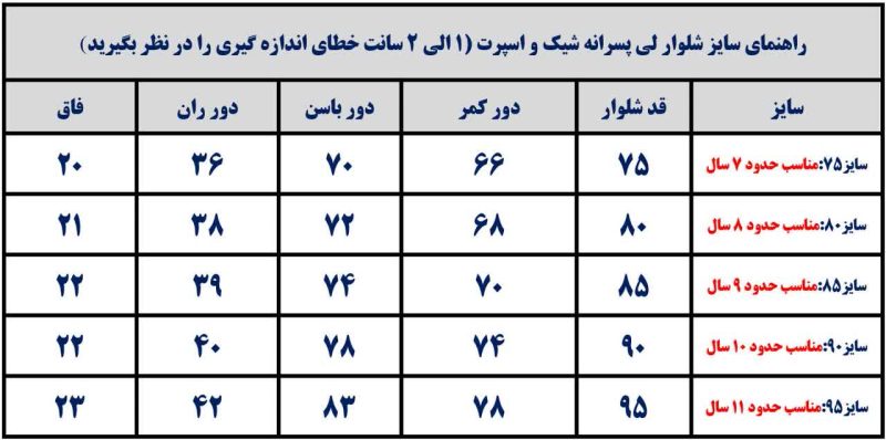 راهنمای سایز شلوار لی پسرانه