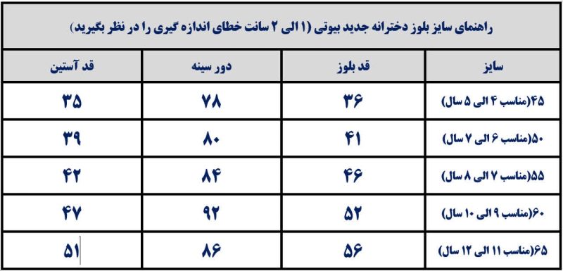 جدول راهنمای سایز بلوز دخترانه جدید بیوتی