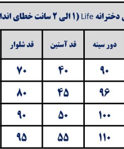جدول راهنمای سایز بلوز شلوار لی دخترانه