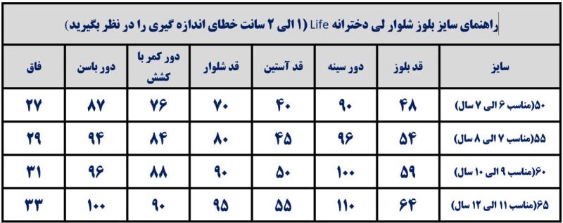 جدول راهنمای سایز بلوز شلوار لی دخترانه